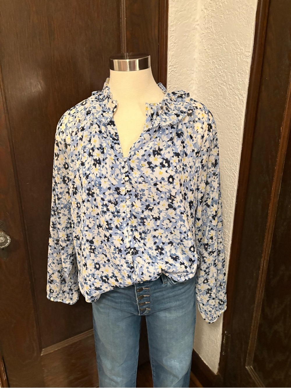 Ann Taylor Ruffle-Collar Button Front Blouse - Light Blue